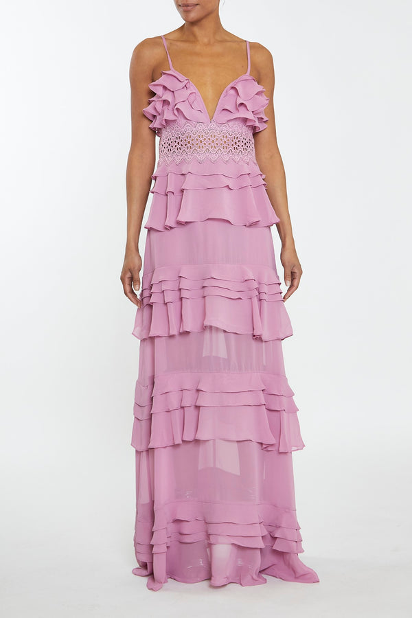 Sophia Orchid Plunge Front Tiered Ruffle Maxi-Dress