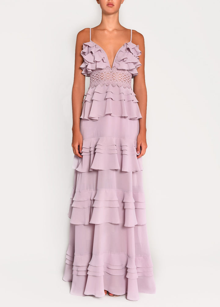Sophia Dusty Lilac Plunge Front Tiered Ruffle Maxi-Dress True