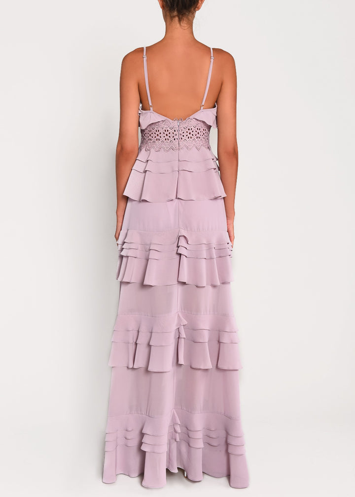 Sophia Dusty Lilac Plunge Front Tiered Ruffle Maxi-Dress