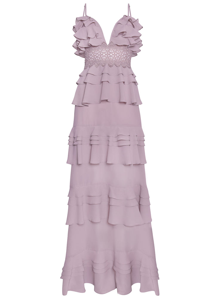Sophia Dusty Lilac Plunge Front Tiered Ruffle Maxi-Dress
