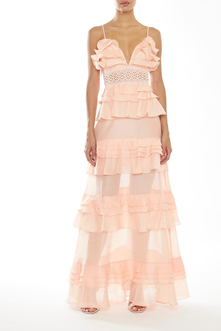 Sophia Soft-Peach Plunge Front Tiered Ruffle Maxi-Dress