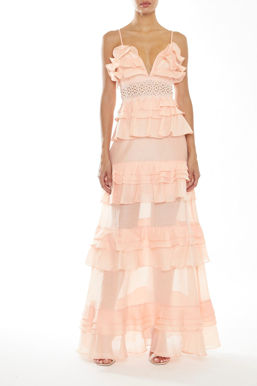 Sophia Soft-Peach Plunge Front Tiered Ruffle Maxi-Dress