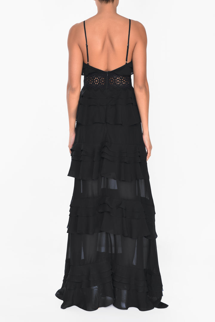 Sophia Black Plunge Front Tiered Ruffle Maxi-Dress