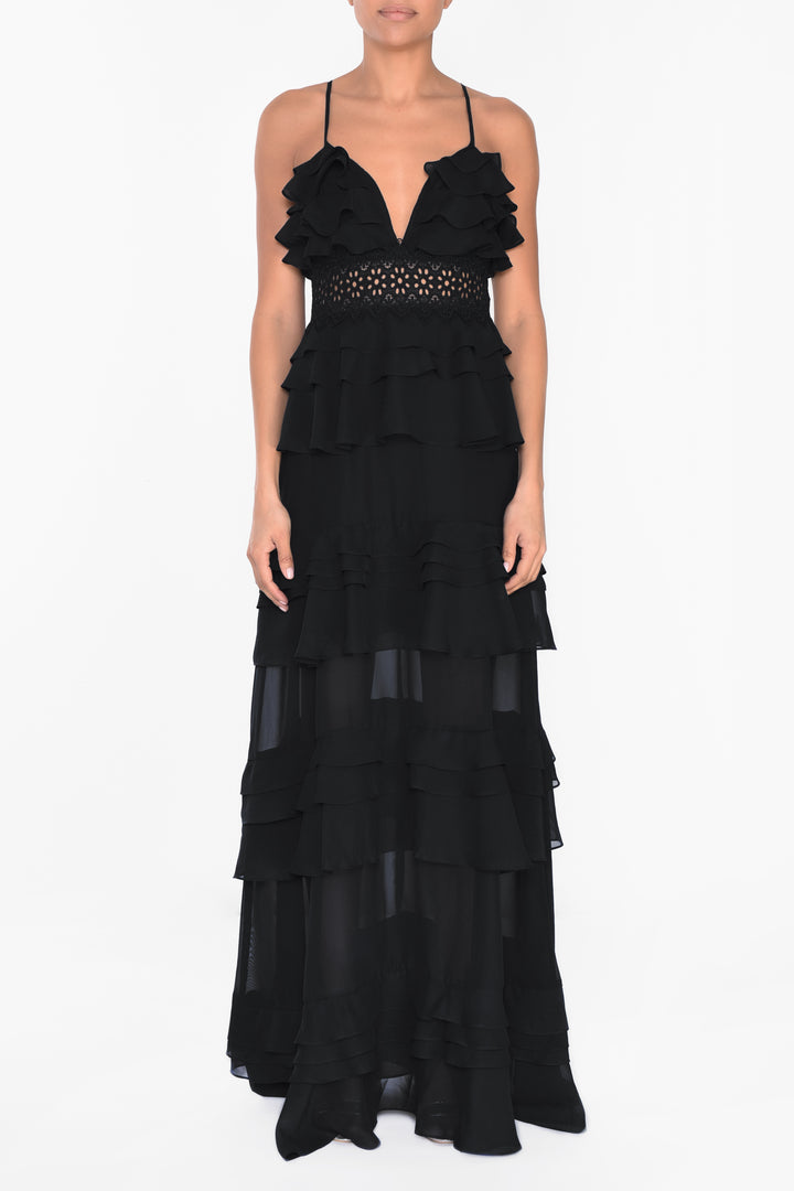 Sophia Black Plunge Front Tiered Ruffle Maxi-Dress