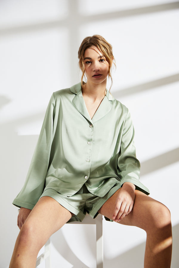 Sage Green Trim Short Satin Pyjama Set