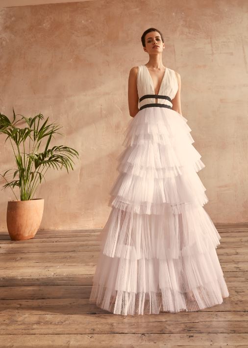 Eliza White Plunging Neck Layered Tulle Skirt Maxi-Dress