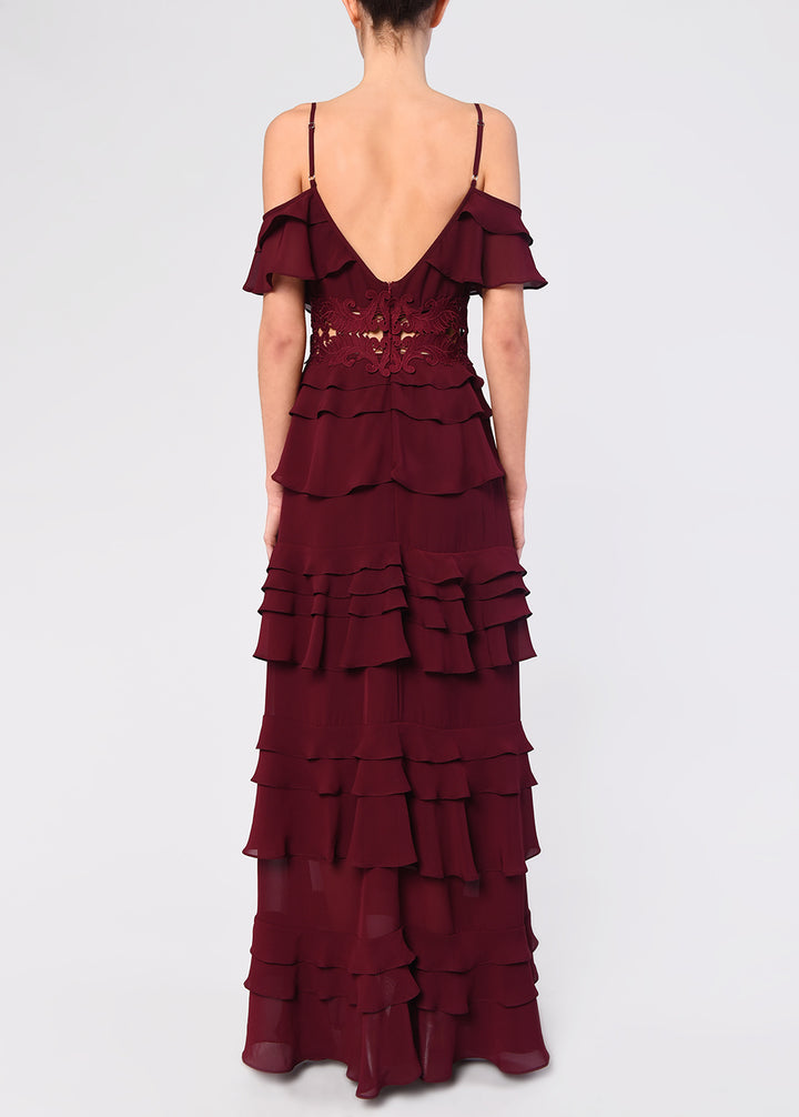 Ruffle Front Olivia Burgundy Plunge Front Tiered Ruffle Maxi Dress - 6 - True Decadence
