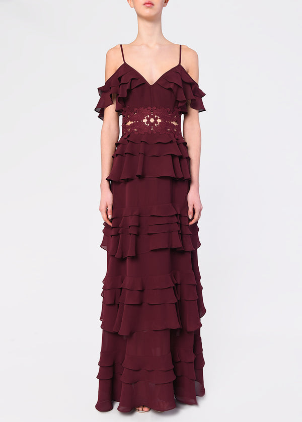 Sophia Burgundy Plunge Front Tiered Ruffle Maxi Dress