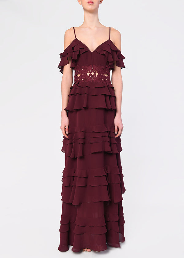 Olivia Burgundy Plunge Front Tiered Ruffle Maxi Dress