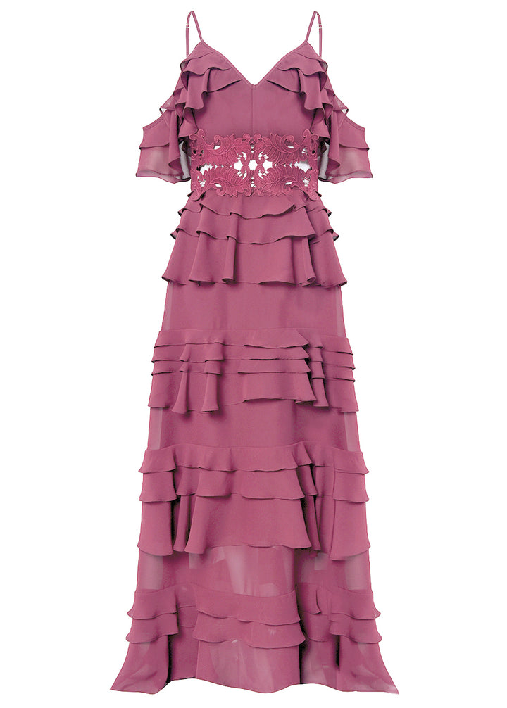 Olivia Wood-Rose Cold-Shoulder Tiered Ruffle Maxi-Dress
