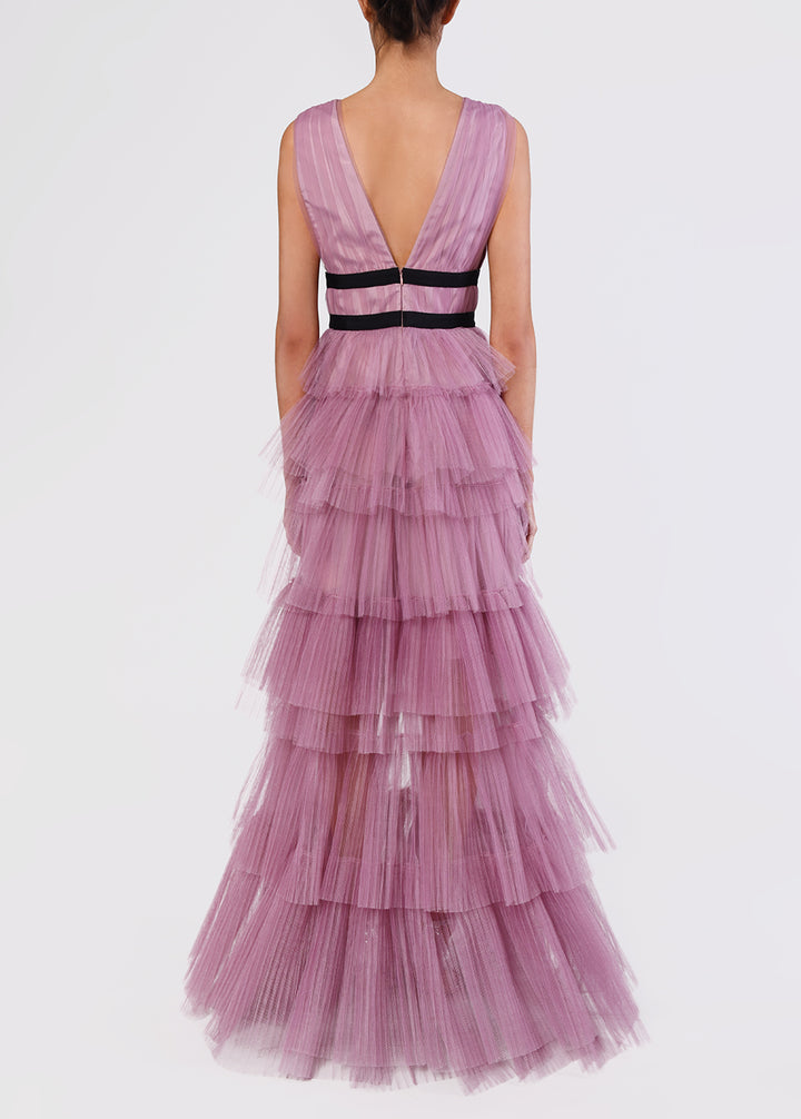 Eliza Dark Pink Plunging Neck Layered Tulle Skirt Maxi-Dress