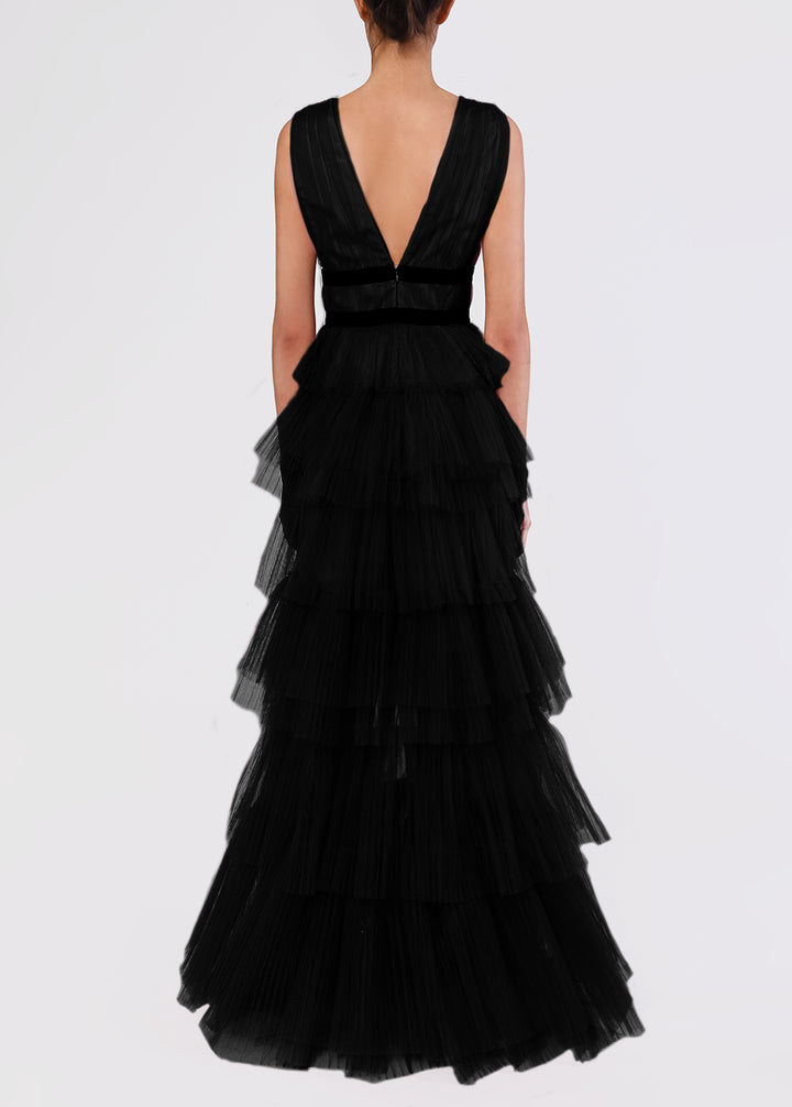 Eliza Black Plunge Front Tulle Layered Maxi Dress