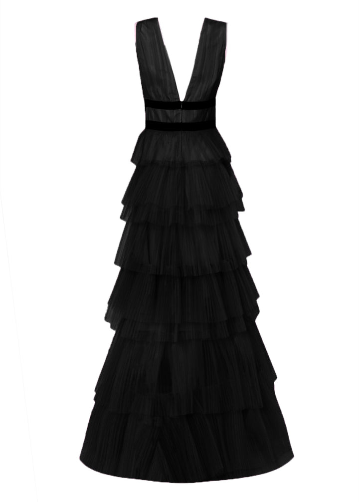 Eliza Black Plunge Front Tulle Layered Maxi Dress