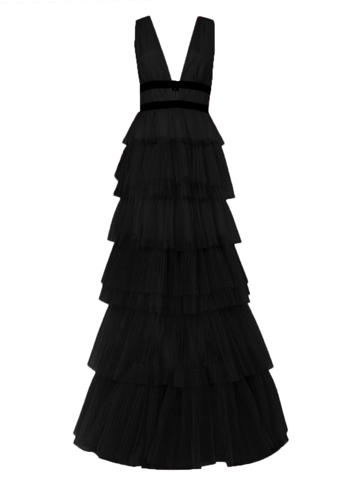 black tulle maxi dress Eliza Black Plunging Neck Layered Tulle Maxi Dress – Evening Gown