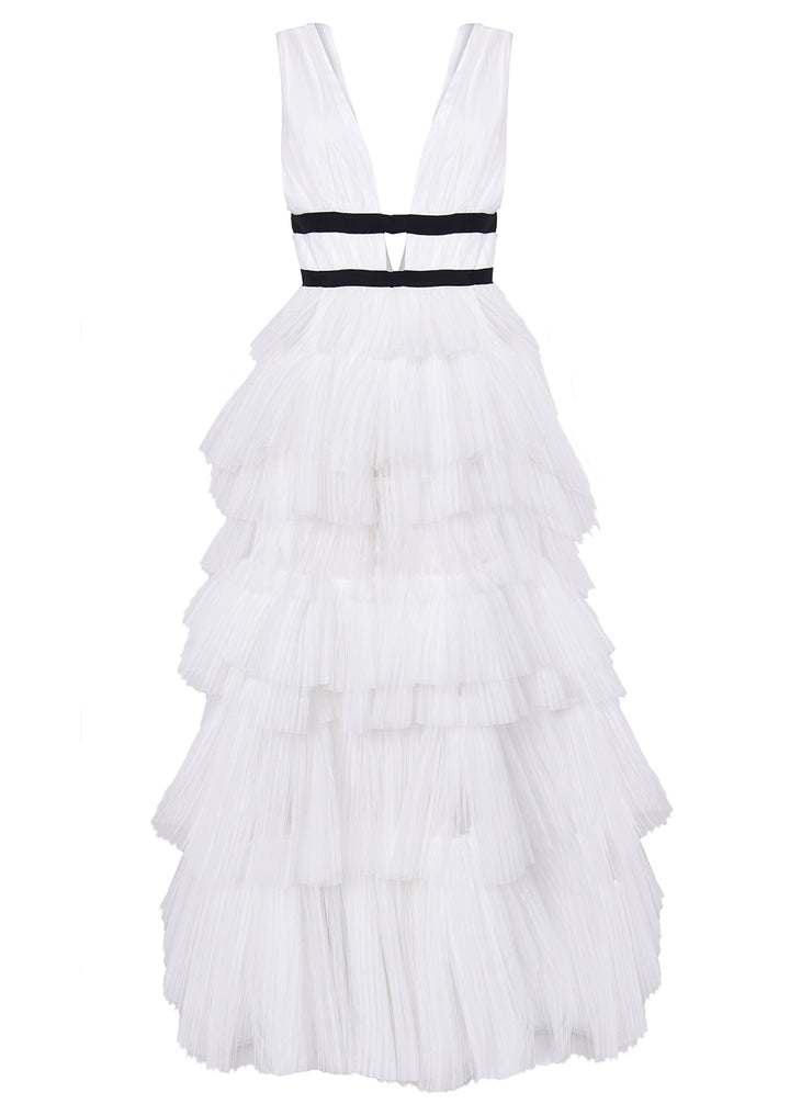 Eliza White Plunging Neck Layered Tulle Skirt Maxi-Dress