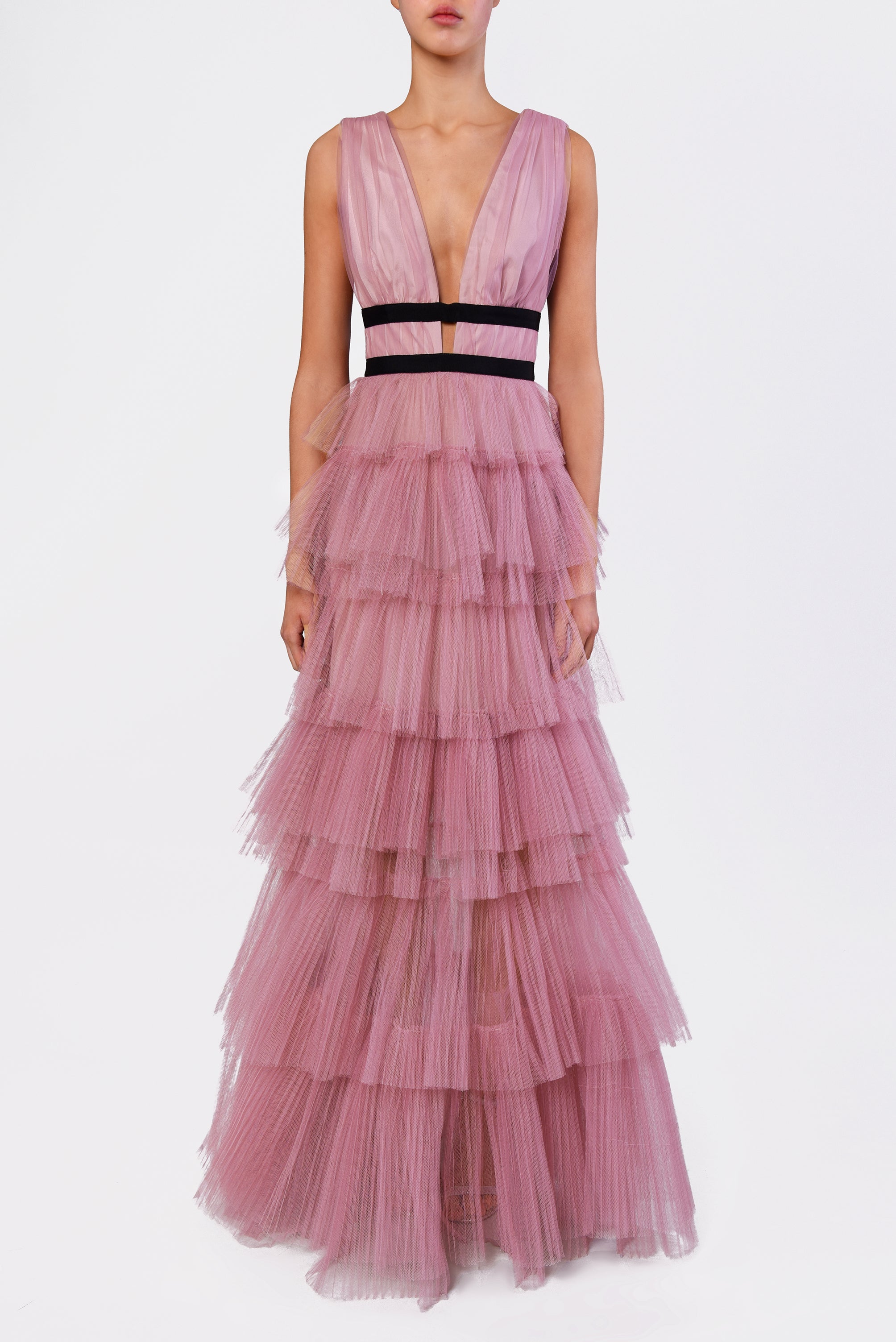 true decadence pink dress True Decadence Plunge Front Tiered Ruffle Maxi Dress In Pink