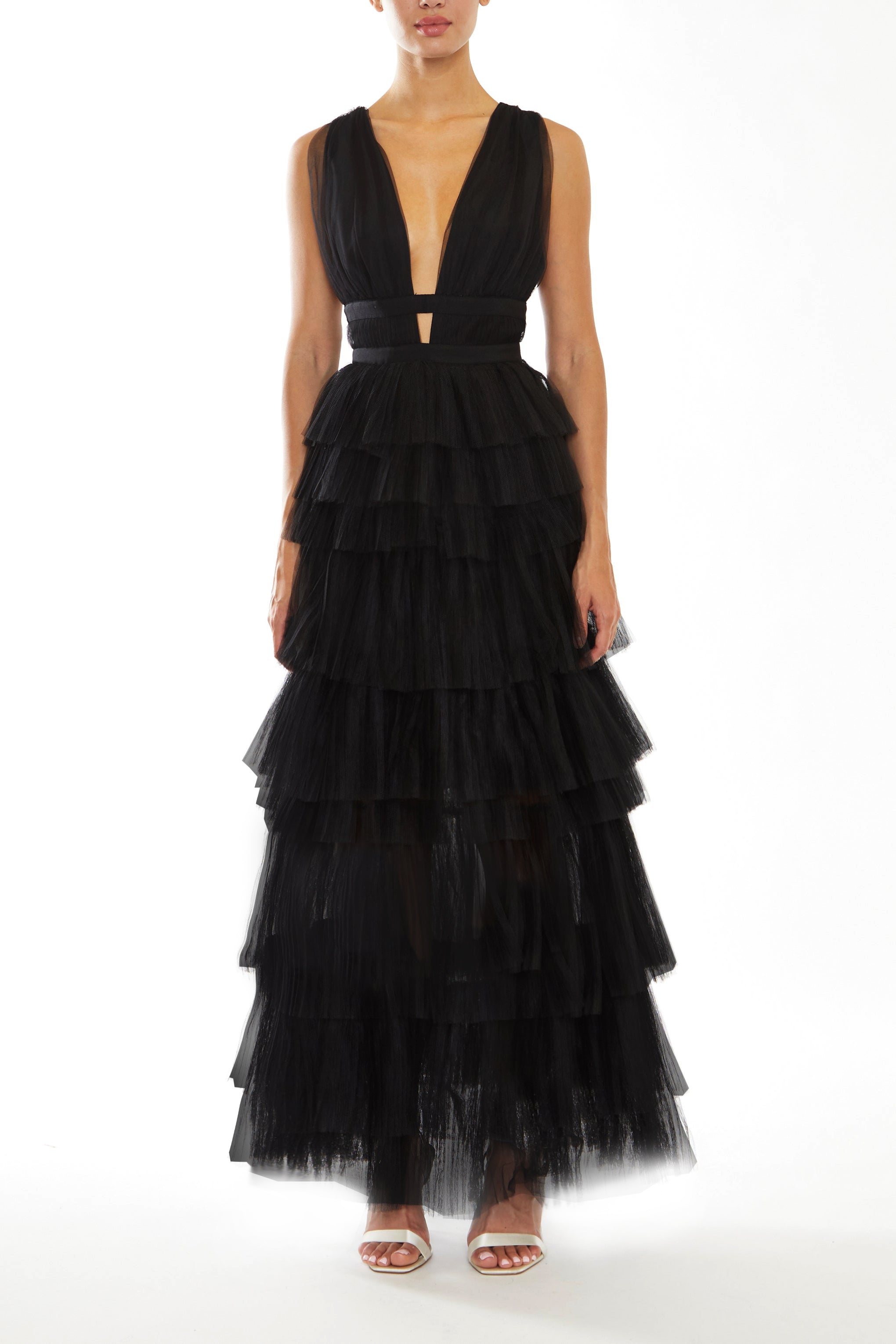 Eliza Black Plunging Neck Layered Tulle Maxi Dress – Evening Gown Eliza Black Plunging Neck Layered Tulle Maxi Dress – Evening Gown