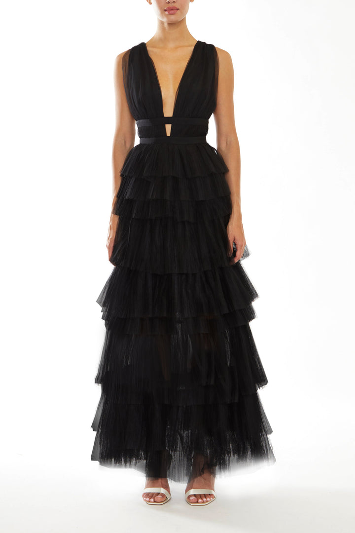 Eliza Black Plunge Front Tulle Layered Maxi Dress