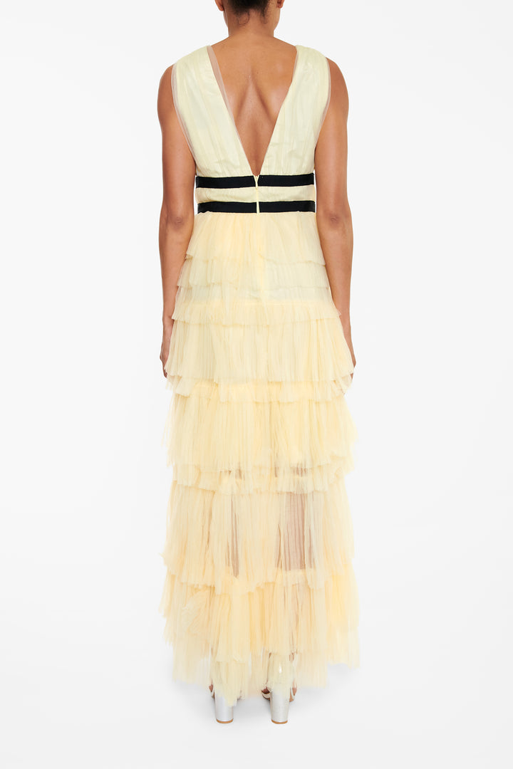 Eliza Pale Yellow Plunging Neck Layered Tulle Skirt Maxi-Dress