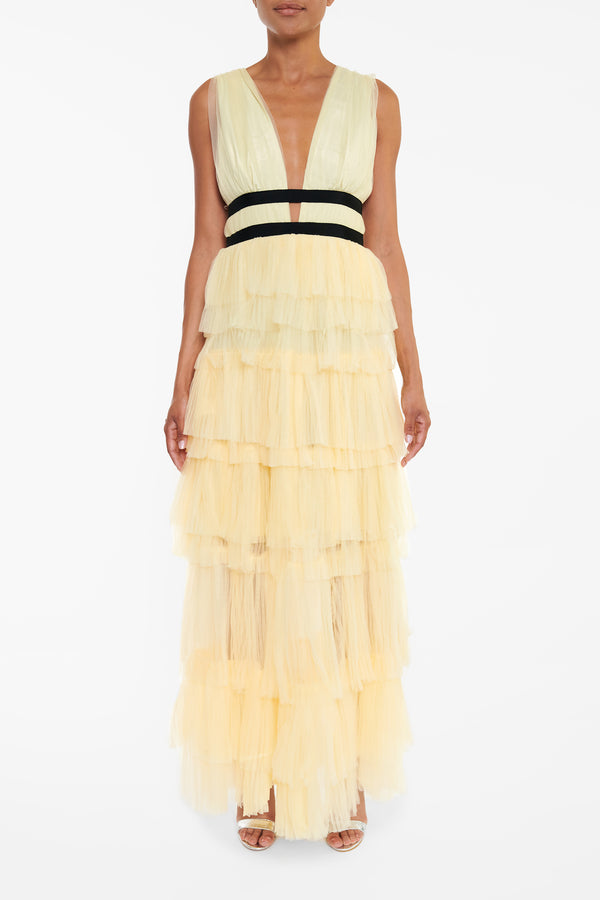 Eliza Pale Yellow Plunging Neck Layered Tulle Skirt Maxi-Dress