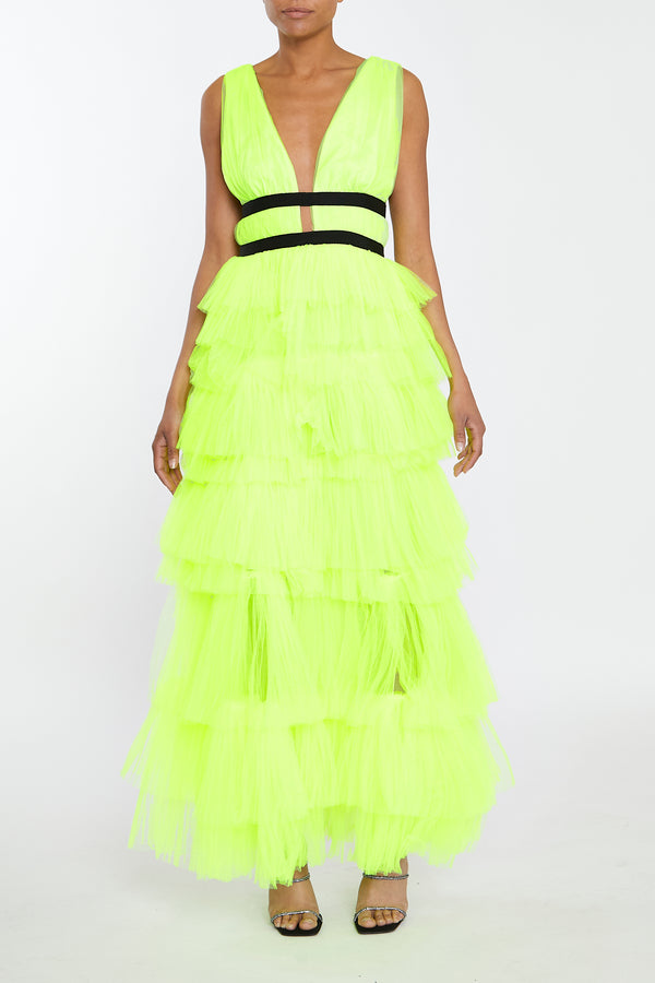 Eliza Neon Yellow Plunge Front Tulle Layered Maxi Dress