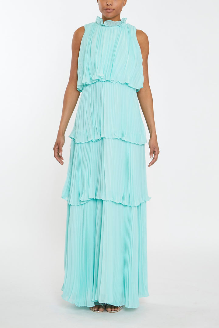 Tara Aqua Tiered Pleated Maxi Dress with High Ruffle Neck