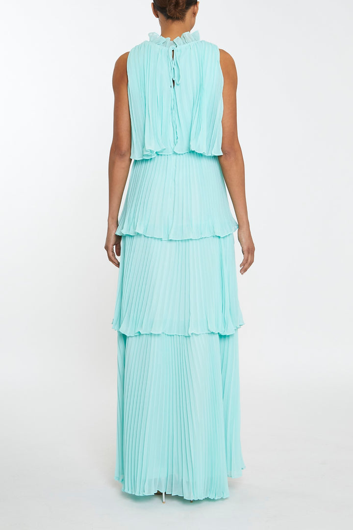 Tara Aqua Tiered Pleated Maxi Dress with High Ruffle Neck