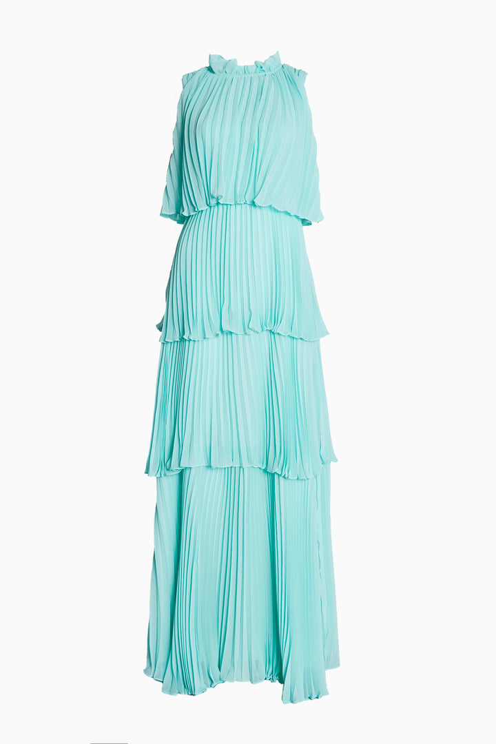 knee length dresses for ladies Tara Aqua Tiered Pleated Maxi Dress with High Ruffle Neck