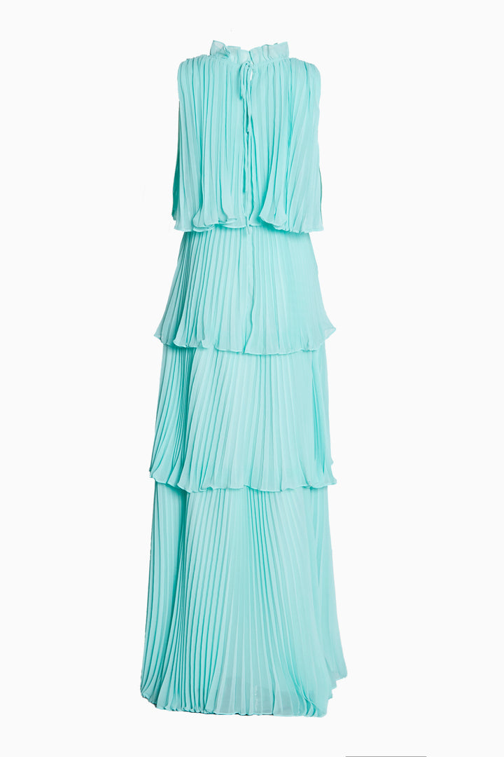 Tara Aqua Tiered Pleated Maxi Dress with High Ruffle Neck