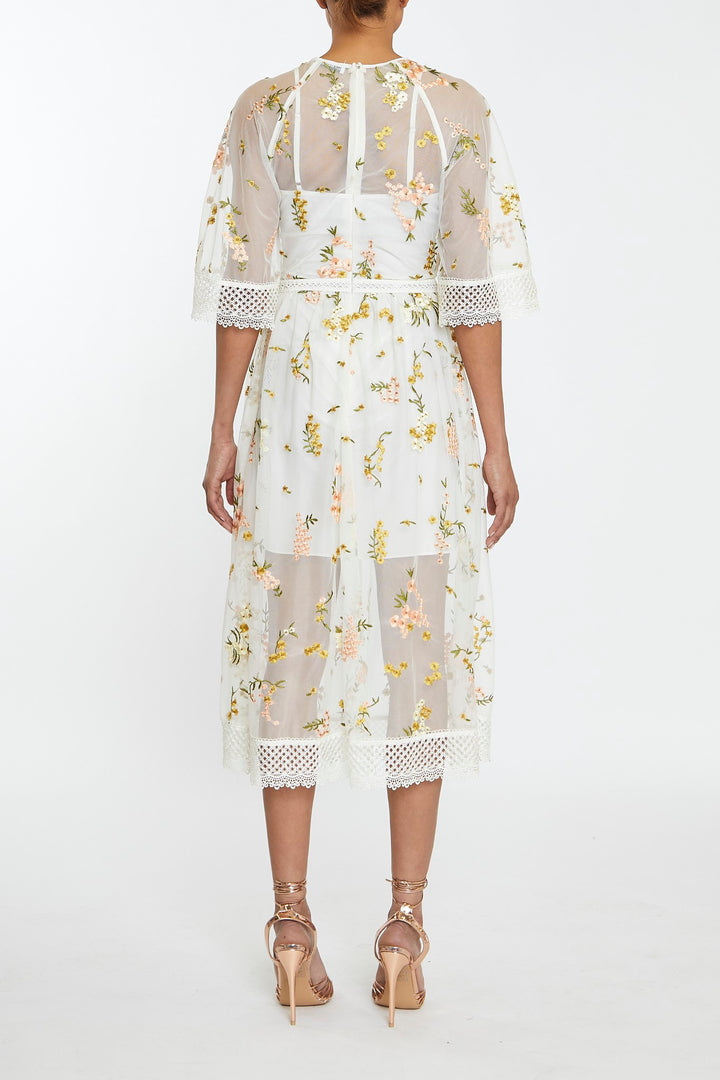 Eva Nude-Pink Embroidery Lace Trim Angel Sleeve Midi-Dress - True Decadence Eva Nude-Pink Embroidery Lace Trim Angel Sleeve Midi-Dress - True Decadence