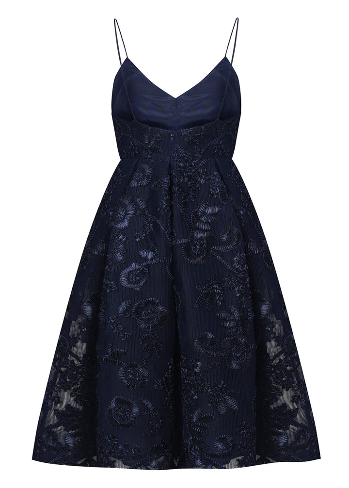 Noelle Navy 3D Embroidery Strappy Embroidered Midi Dress