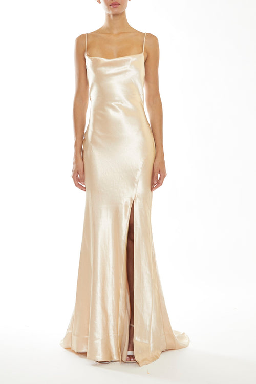 Pippa Champagne Satin Bridesmaid Cowl-Neck Slip Dress – True Decadence