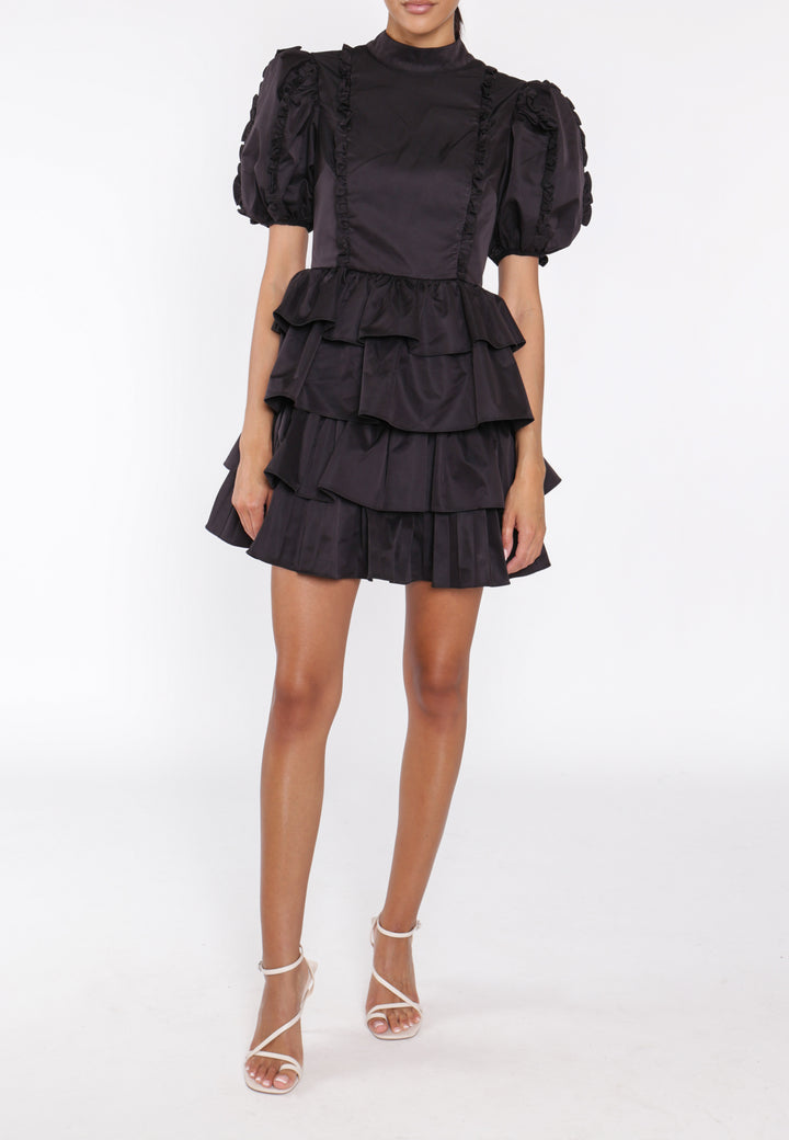 Lucy Black High-Neck Statement Sleeve Mini-Dress