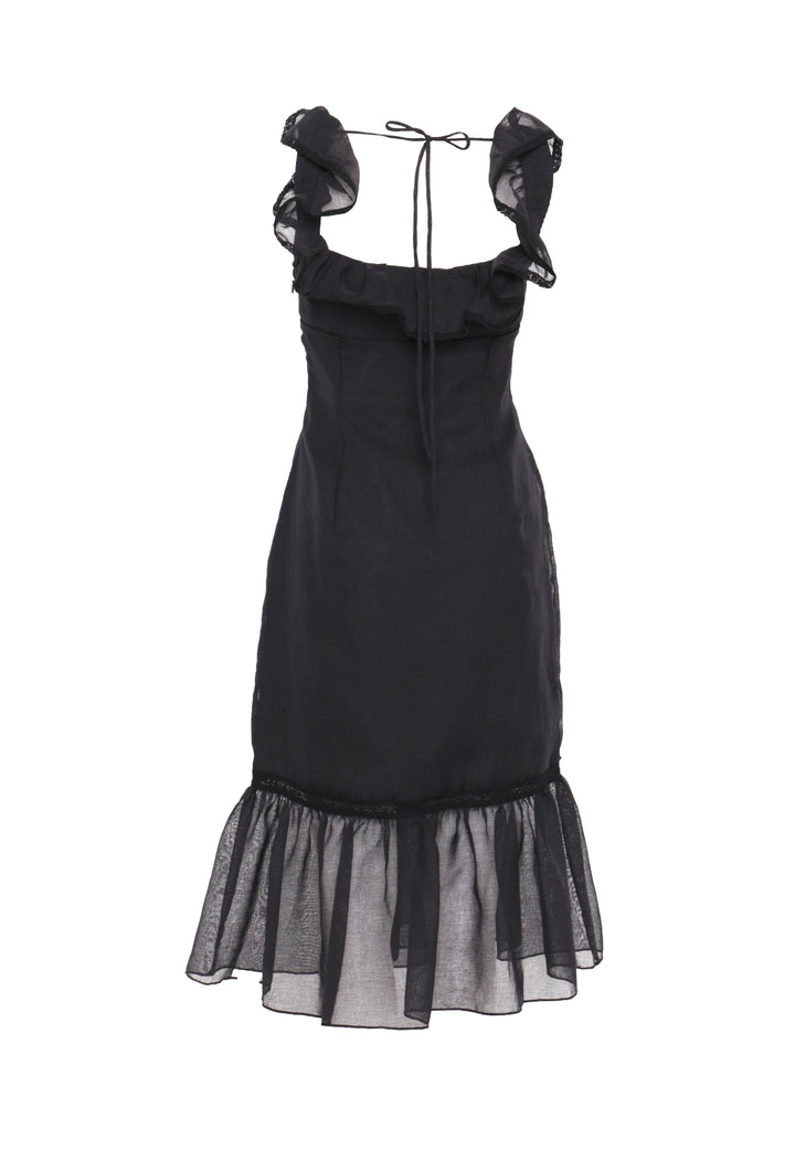 Alberta Black Linen Tiered Hem Midi-Dress
