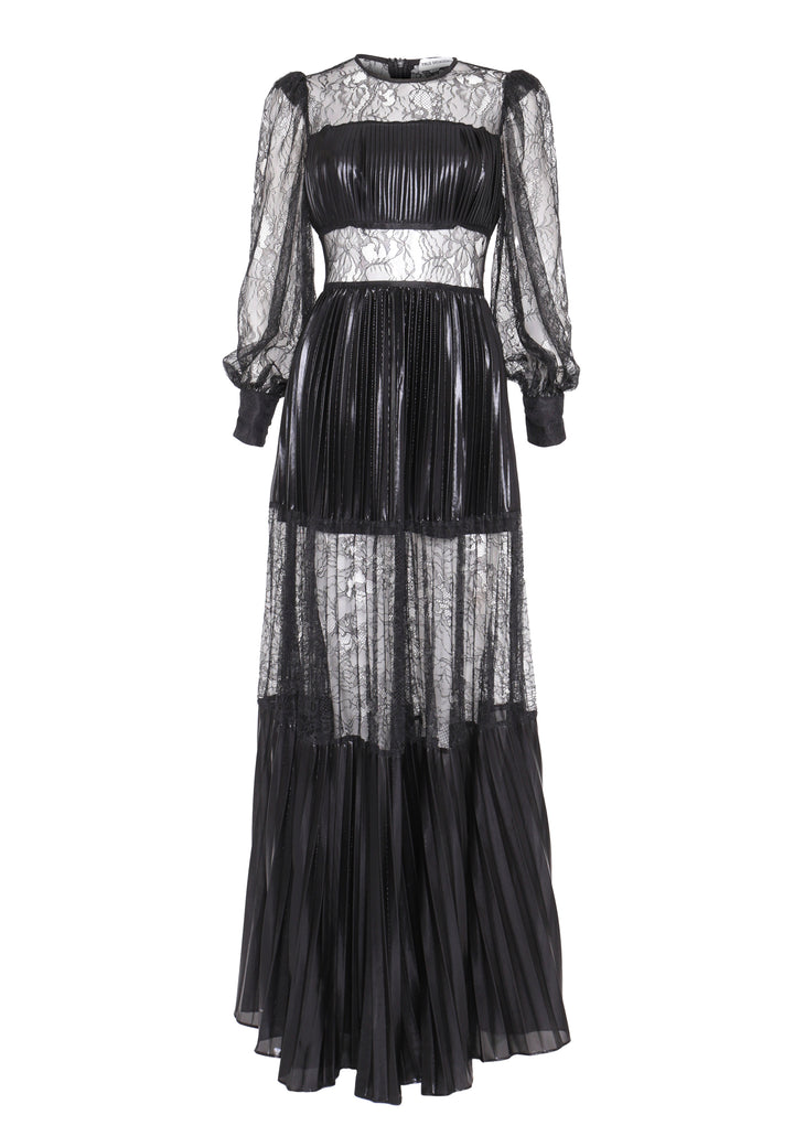 Amanda Black Sheer Lace-Panel Pleated Maxi-Dress