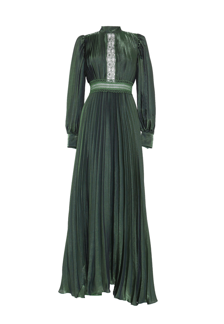 Athena Emerald Green Metallic Pleated Long Sleeve Maxi-Dress