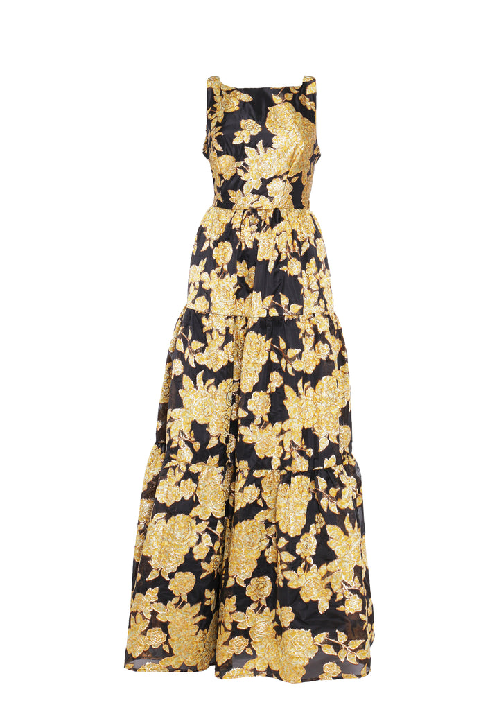 Lorna Black Gold Jacquard Floral Tiered Backless Maxi Dress