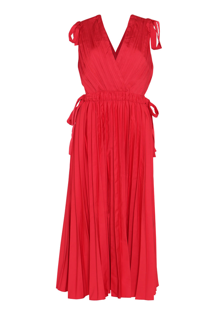 Gwyneth Cherry Red Pleated V-Neck Midi-Dress