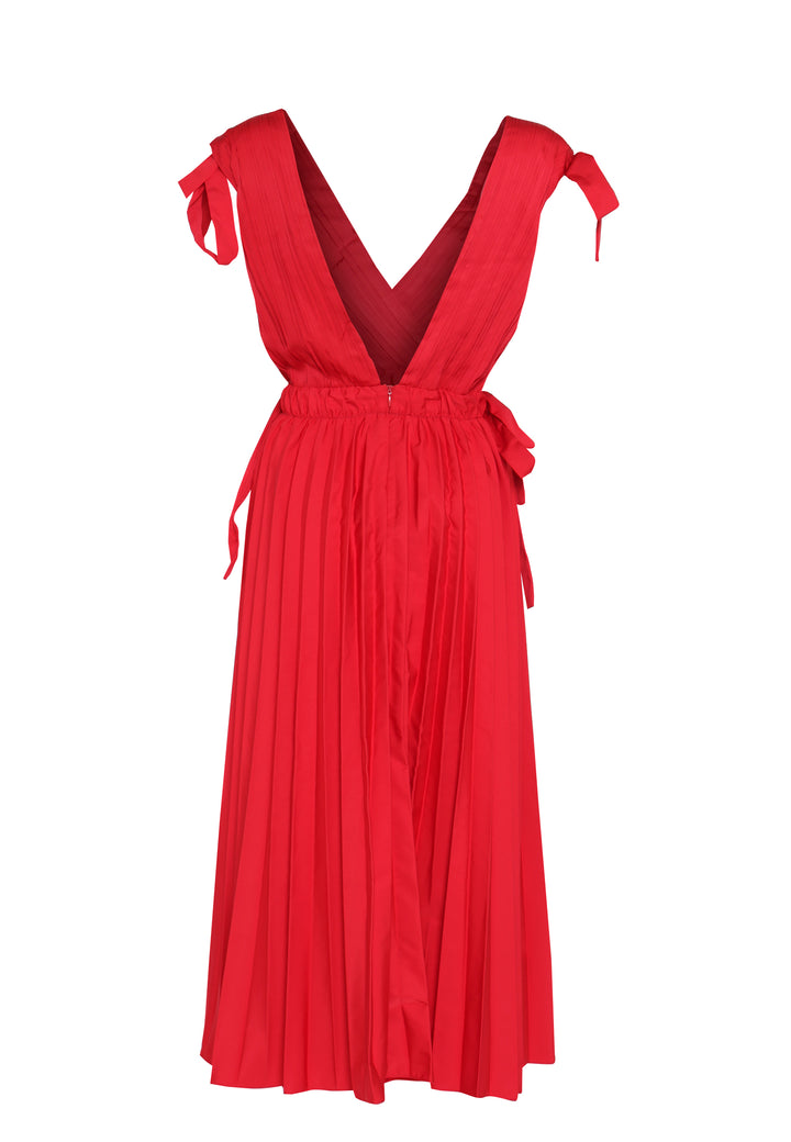 Gwyneth Cherry Red Pleated V-Neck Midi-Dress