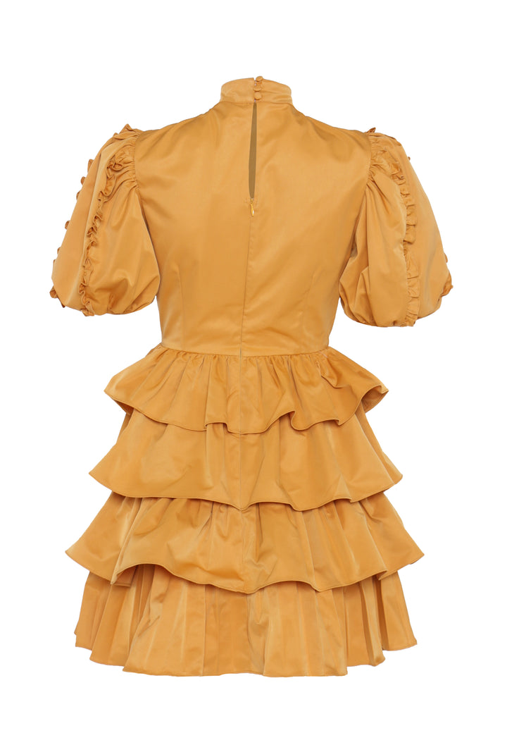 Lucy Mustard High-Neck Statement Sleeve Mini-Dress