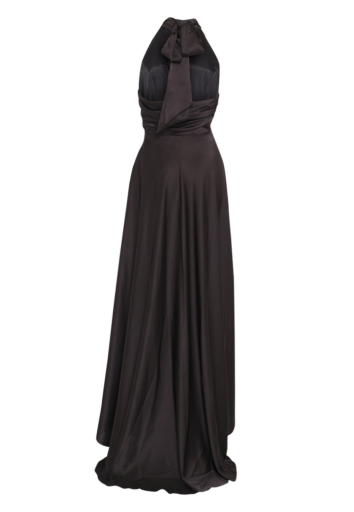 Cleo Black-Satin Bridesmaid Halterneck Bias-Cut Maxi-Dress