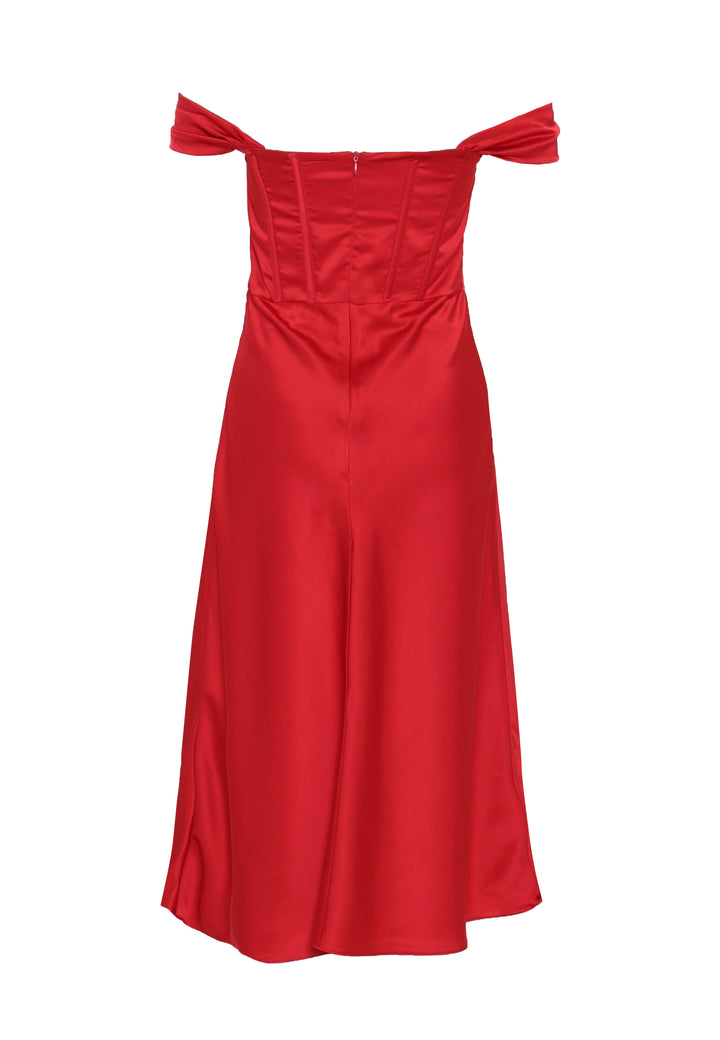 Agatha Cherry-Red Satin Corset Midi Slip-Dress