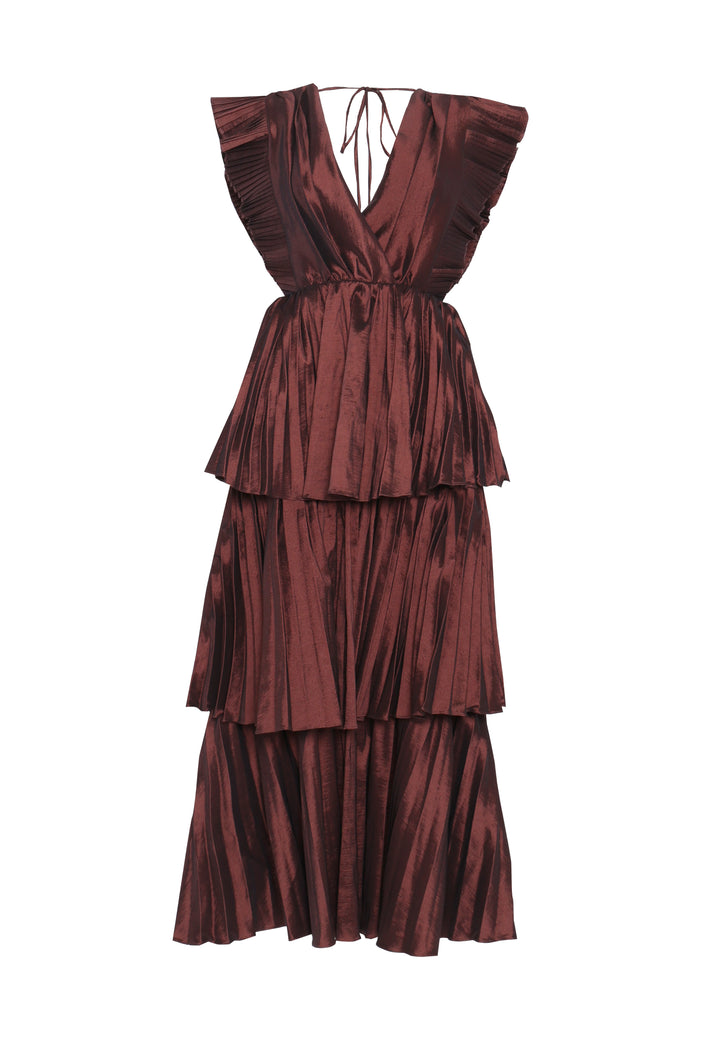 Beatrice Chocolate Taffeta Pleated Tiered Midaxi Dress