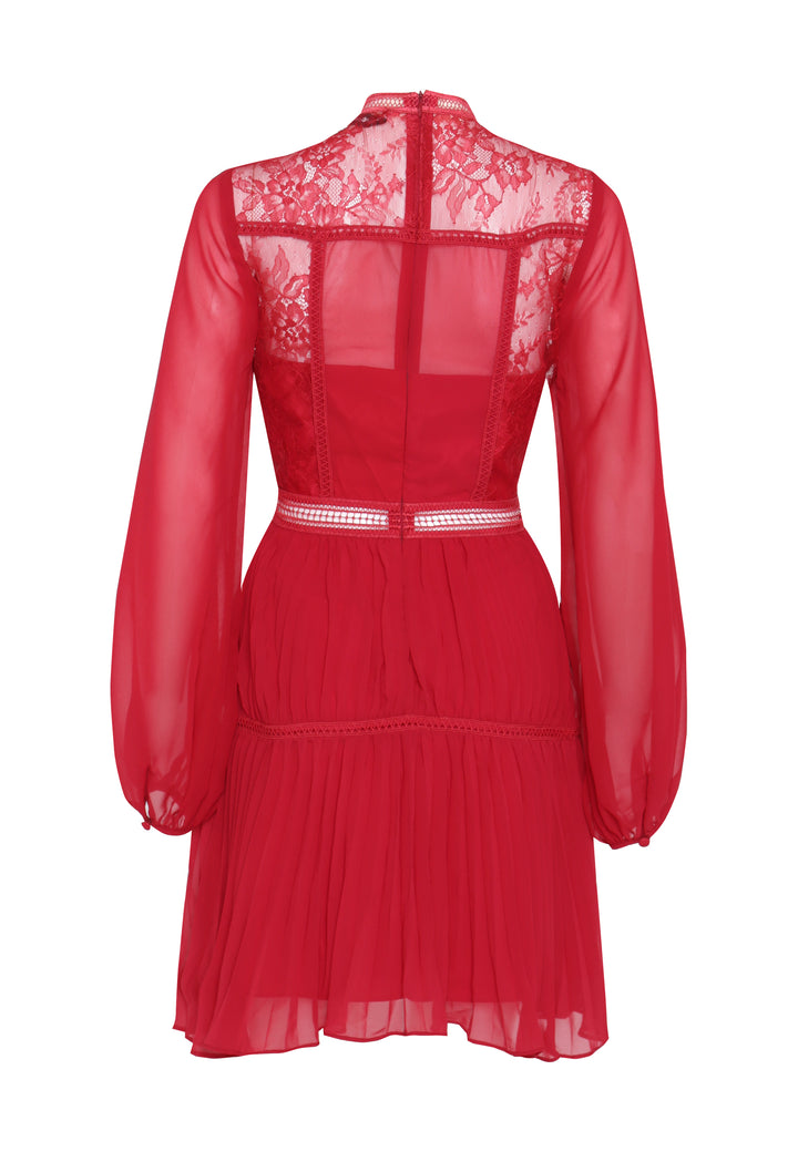 Lena Crimson-Red Lace Pleated Mini Dress
