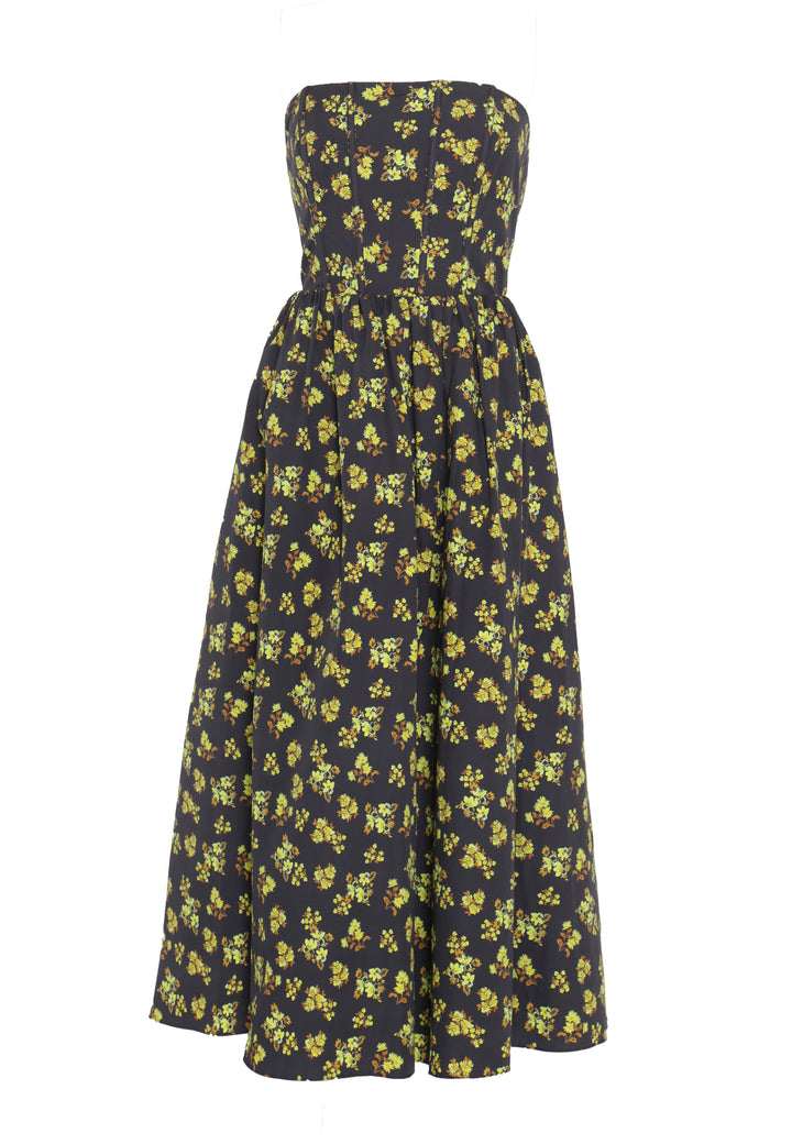Henrietta Navy-Yellow-Ditsy-Floral Strapless Corset Midi-Dress