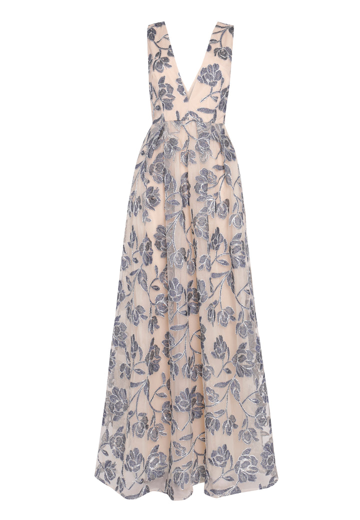 Louise Steel Blue Embroidery Plunging Back Maxi-Dress