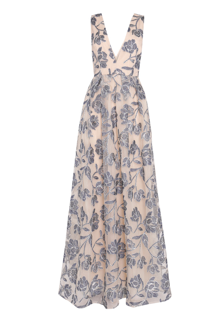 Louise Steel Blue Embroidery Plunging Back Maxi-Dress - True Decadence