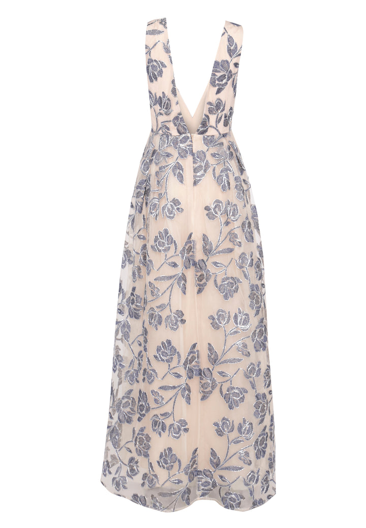 Louise Steel Blue Embroidery Plunging Back Maxi-Dress