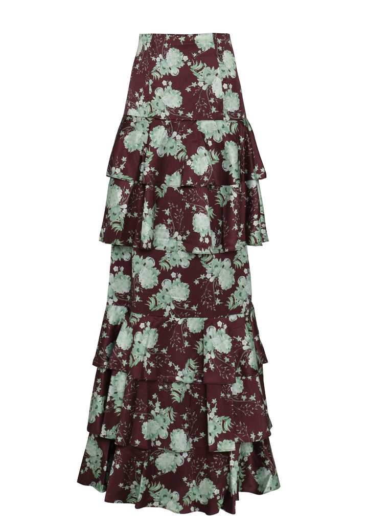 Lara Co-Ord Brown-Sage-Rose Ruffle Tiered High-Waisted Maxi-Skirt