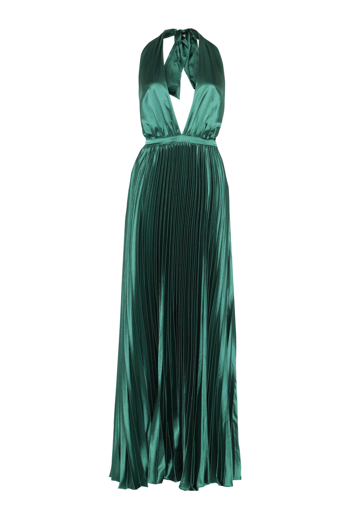 Celia Emerald-Green Pleated Satin Halterneck Maxi-Dress